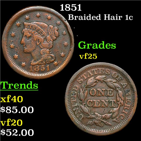 1851 Braided Hair Large Cent 1c Grades vf+
