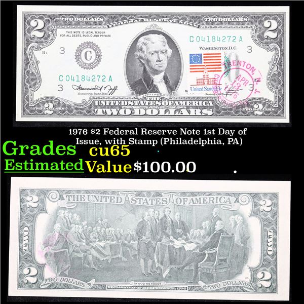 1976 $2 Federal Reserve Note 1st Day of Issue, with Stamp (Philadelphia, PA) Grades Gem CU
