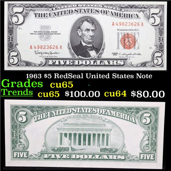 1963 $5 RedSeal United States Note Grades Gem CU