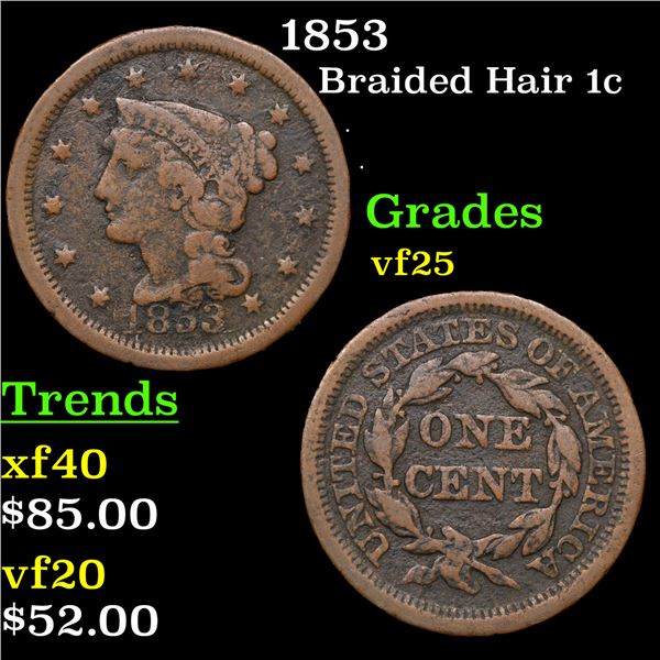 1853 Braided Hair Large Cent 1c Grades vf+