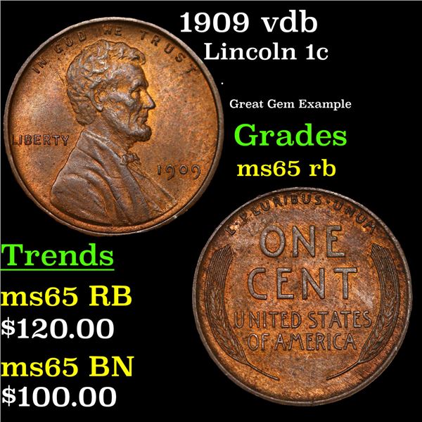 1909 vdb Lincoln Cent 1c Grades GEM Unc RB