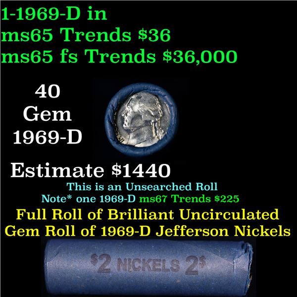 Shotgun Jefferson 5c roll, 1969-d 50 pcs Vintage Nickel Wrapper.