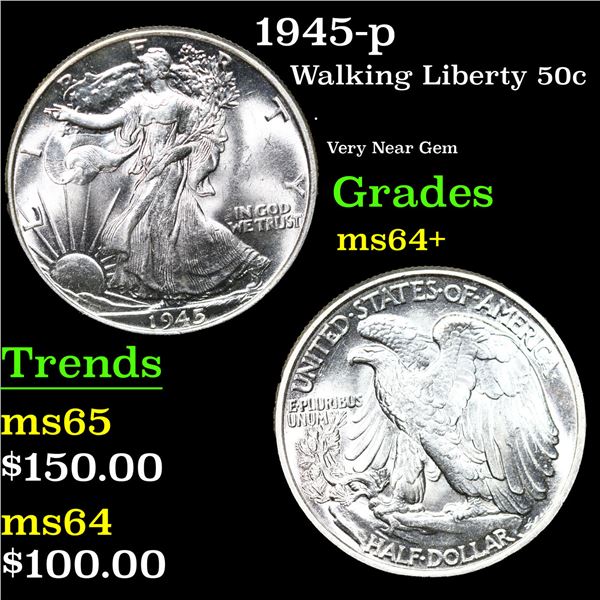 1945-p Walking Liberty Half Dollar 50c Grades Choice+ Unc