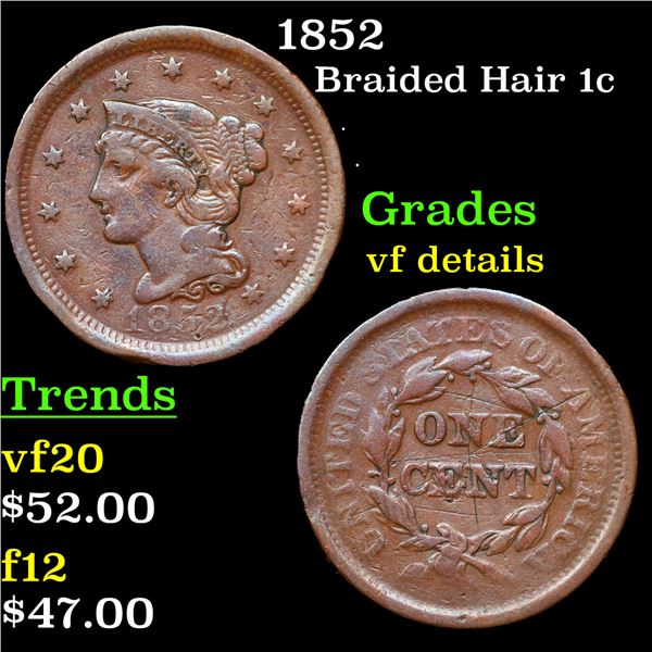 1852 Braided Hair Large Cent 1c Grades vf details