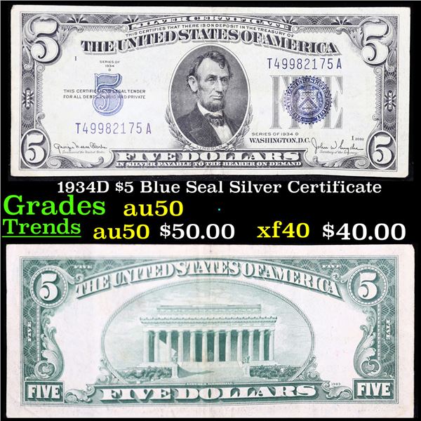 1934D $5 Blue Seal Silver Certificate Grades AU, Almost Unc
