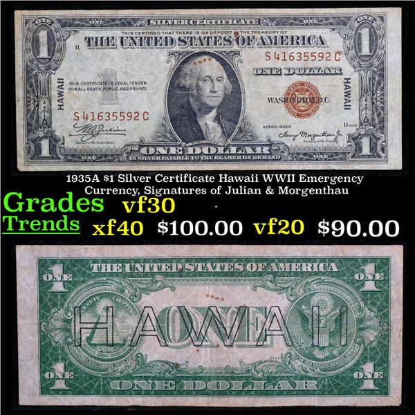 1935A $1 Silver Certificate Hawaii WWII Emergency Currency, Signatures of Julian & Morgenthau Grades