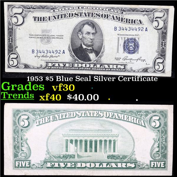 1953 $5 Blue Seal Silver Certificate Grades vf++