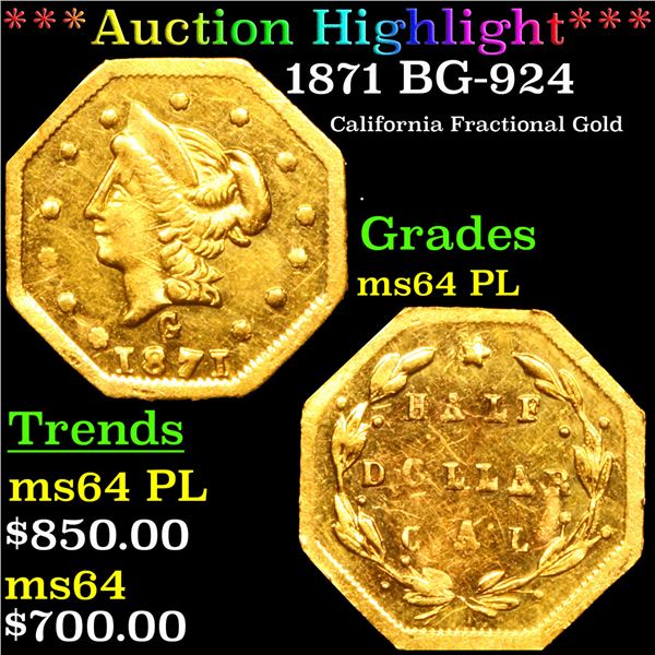 ***Auction Highlight*** 1871 BG-924 California Fractional Gold Half Dollar 50c Grades Choice Unc PL 