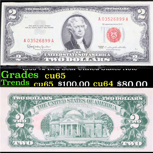 1963 $2 Red Seal United States Note Grades Gem CU