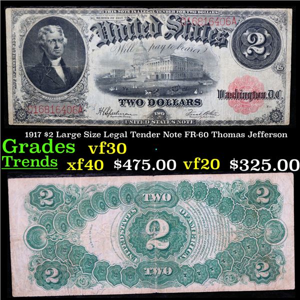 1917 $2 Large Size Legal Tender Note FR-60 Thomas Jefferson Grades vf++