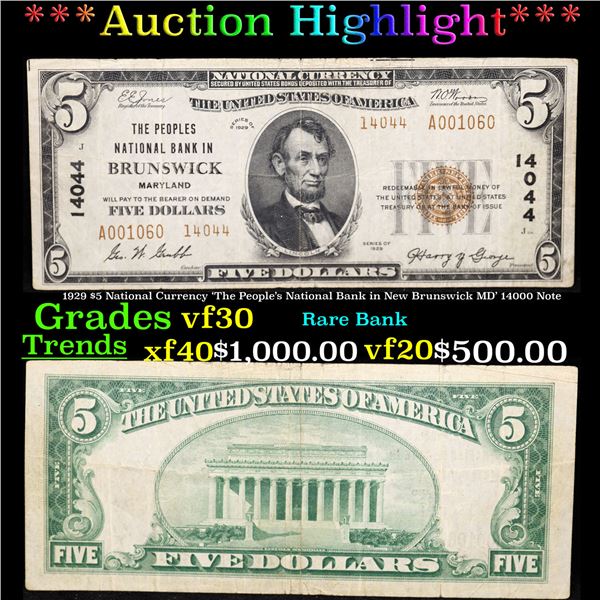 ***Auction Highlight*** 1929 $5 National Currency 'The People's National Bank in New Brunswick MD' 1