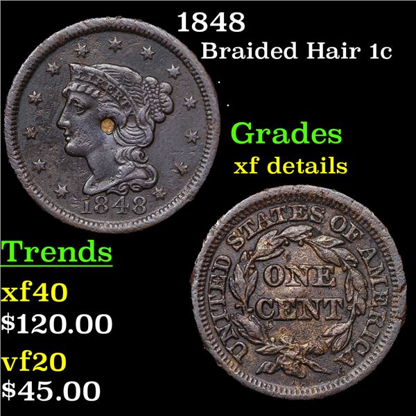 1848 Braided Hair Large Cent 1c Grades xf details
