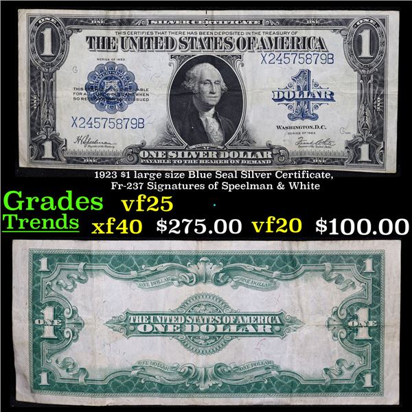 1923 $1 large size Blue Seal Silver Certificate, Fr-237 Signatures of Speelman & White Grades vf+
