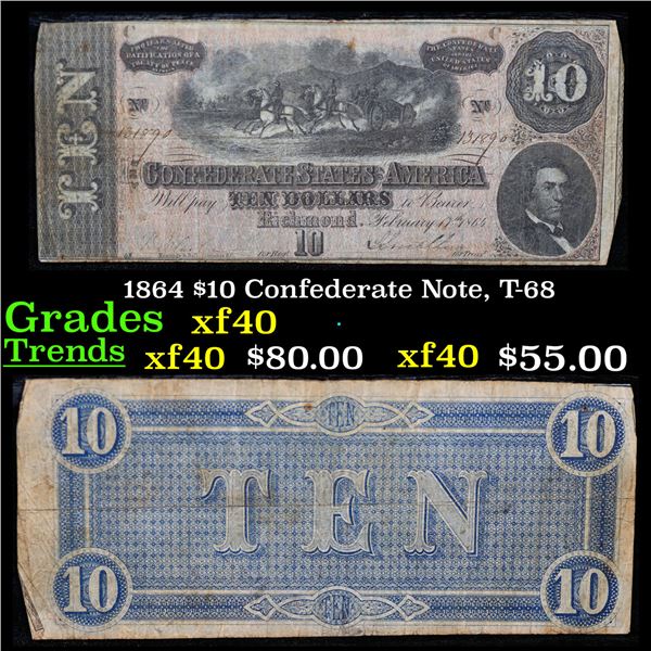 1864 $10 Confederate Note, T-68 Grades xf