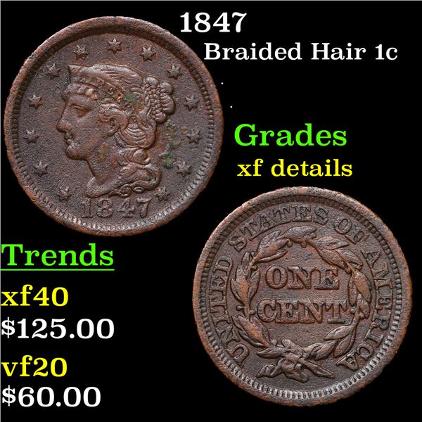 1847 Braided Hair Large Cent 1c Grades xf details