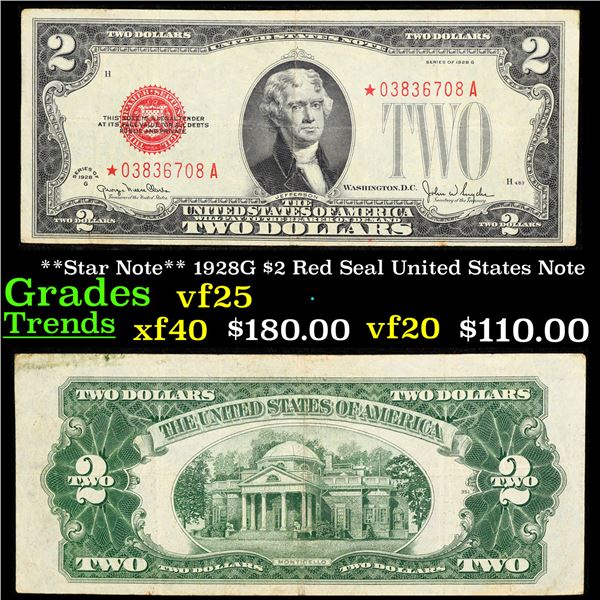 **Star Note** 1928G $2 Red Seal United States Note Grades vf+