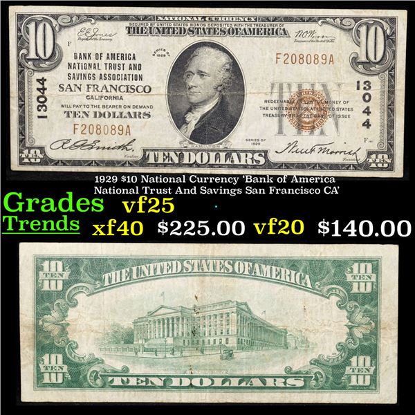 1929 $10 National Currency 'Bank of America National Trust And Savings San Francisco CA' Grades vf+