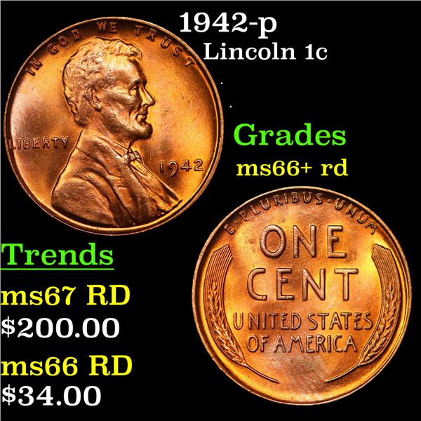 1942-p Lincoln Cent 1c Grades GEM++ RD