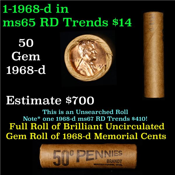 Shotgun Lincoln 1c roll, 1968-d 50 pcs Brandt Wrapper.