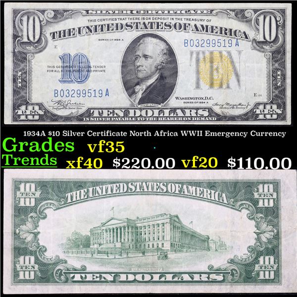 1934A $10 Silver Certificate North Africa WWII Emergency Currency Grades vf++