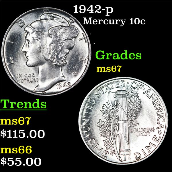 1942-p Mercury Dime 10c Grades GEM++ Unc