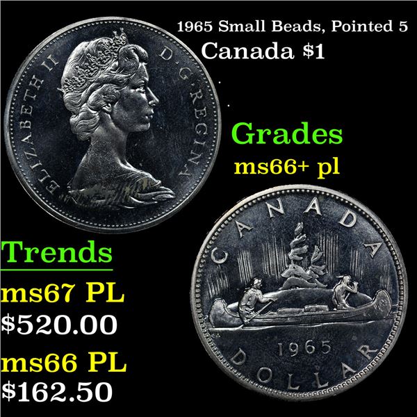 1965 Small Beads, Pointed 5 Canada Dollar $1 Grades GEM++ PL