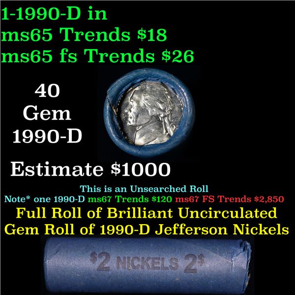Shotgun Jefferson 5c roll, 1990-D 50 pcs Vintage Nickel Wrapper.