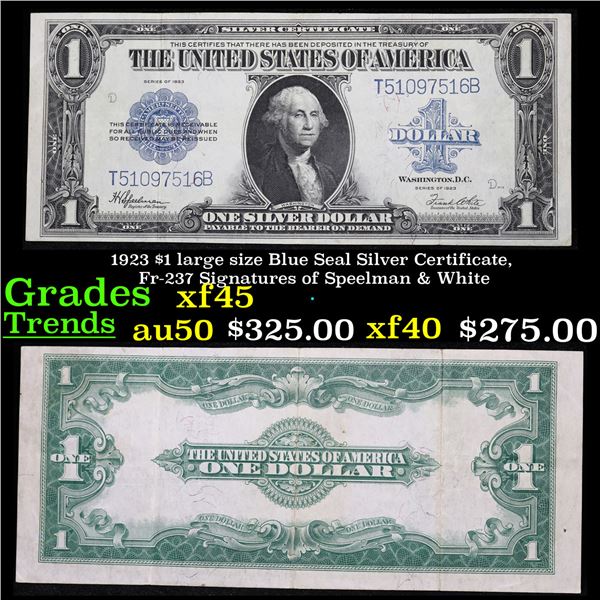 1923 $1 large size Blue Seal Silver Certificate, Fr-237 Signatures of Speelman & White Grades xf+