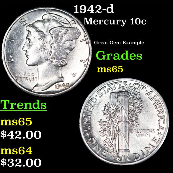 1942-d Mercury Dime 10c Grades GEM Unc