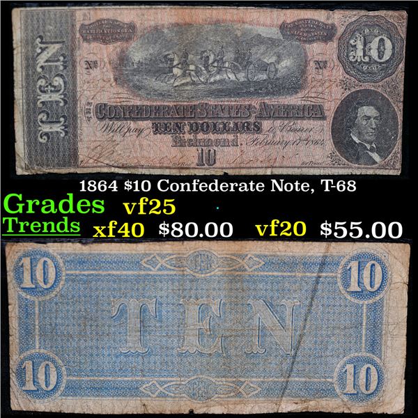 1864 $10 Confederate Note, T-68 Grades vf+