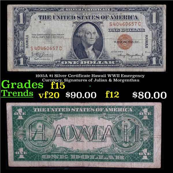 1935A $1 Silver Certificate Hawaii WWII Emergency Currency, Signatures of Julian & Morgenthau Grades
