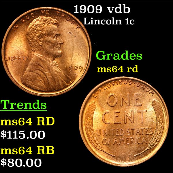 1909 vdb Lincoln Cent 1c Grades Choice Unc RD