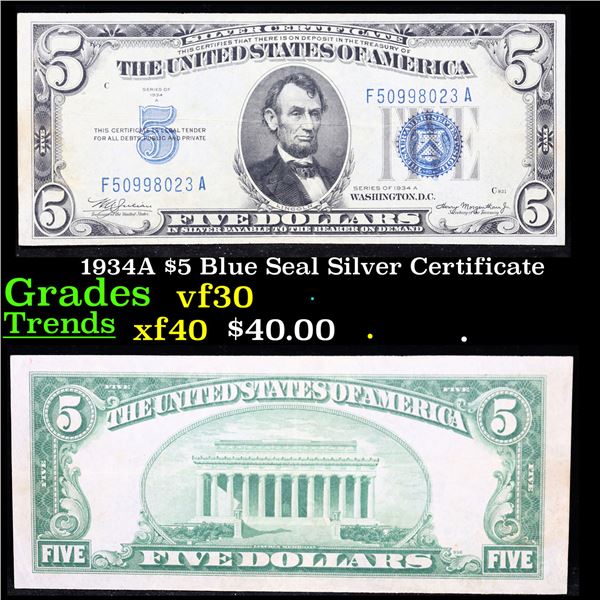 1934A $5 Blue Seal Silver Certificate Grades vf++