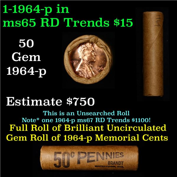 Shotgun Lincoln 1c roll, 1964-p 50 pcs Brandt Wrapper.