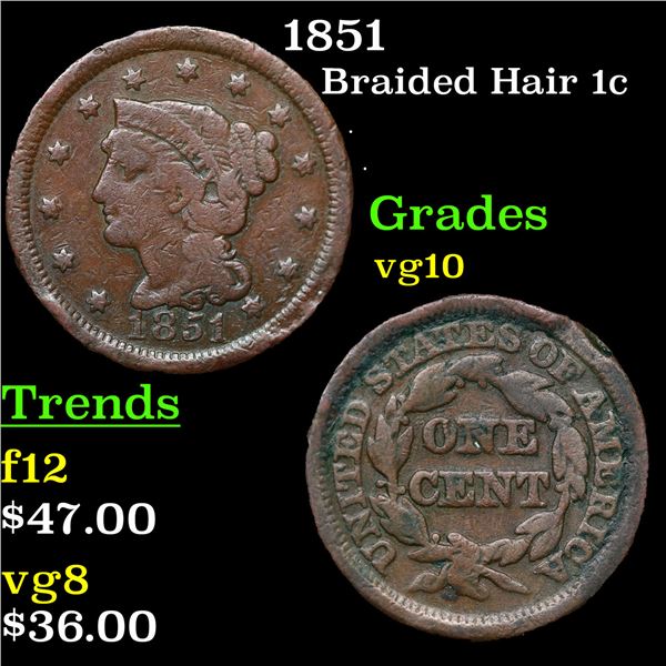 1851 Braided Hair Large Cent 1c Grades vg+