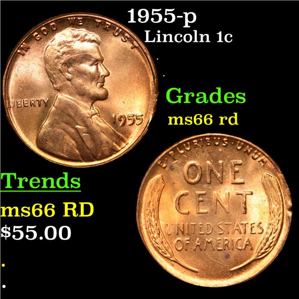 1955-p Lincoln Cent 1c Grades GEM+ Unc RD