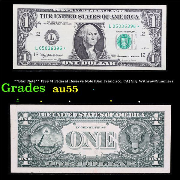 **Star Note** 1999 $1 Federal Reserve Note (San Francisco, CA) Sig. Withrow/Summers Grades Choice AU