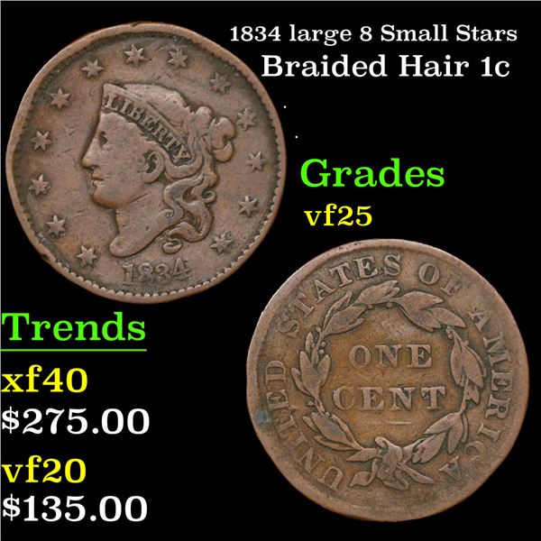 1834 large 8 Small Stars Braided Hair Large Cent 1c Grades vf+