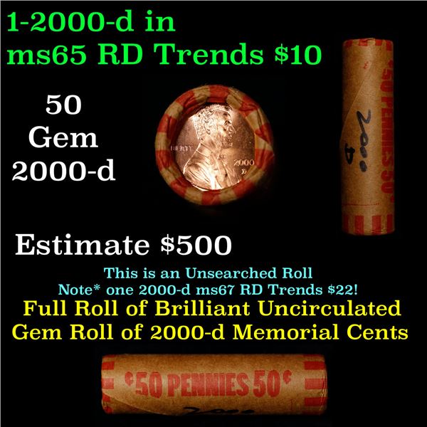 Shotgun Lincoln 1c roll, 2000-D 50 pcs Brandt Wrapper.