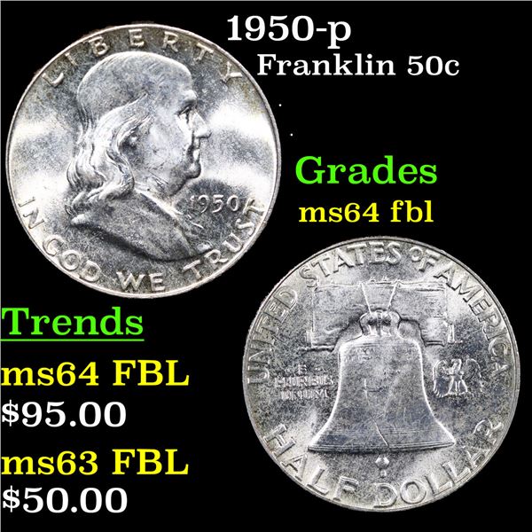1950-p Franklin Half Dollar 50c Grades Choice Unc FBL