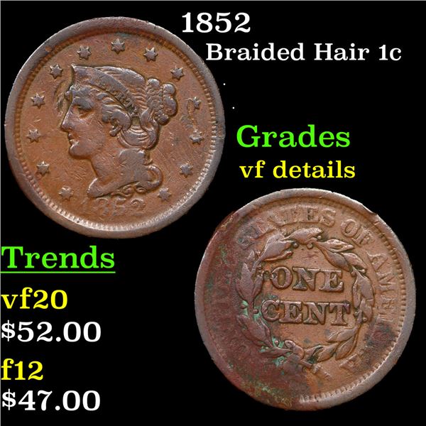 1852 Braided Hair Large Cent 1c Grades vf details