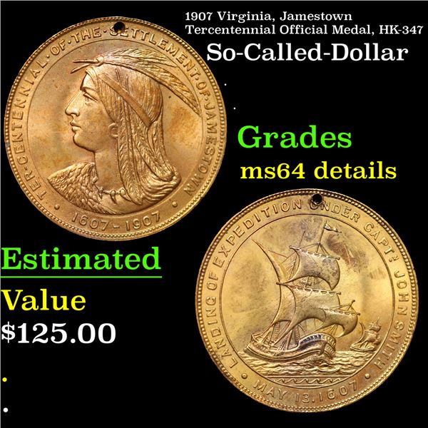 1907 Virginia, Jamestown Tercentennial Official Medal, HK-347 So Called Dollar $1 Grades Unc Details