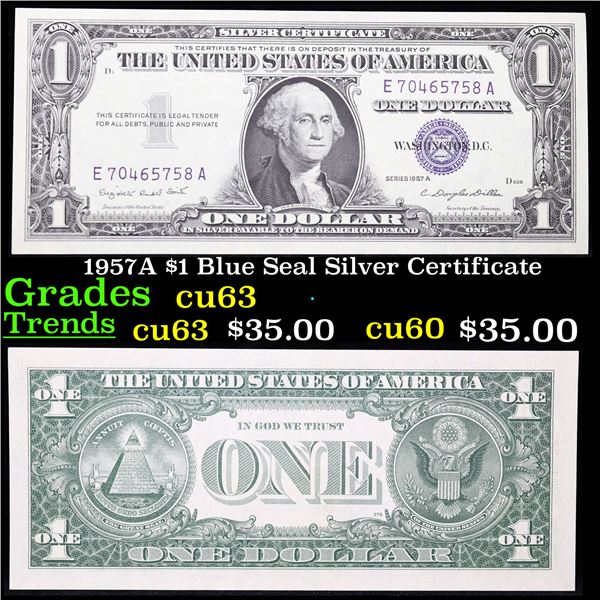1957A $1 Blue Seal Silver Certificate Grades Select CU