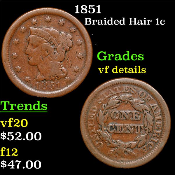 1851 Braided Hair Large Cent 1c Grades vf details