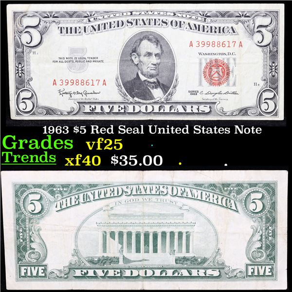 1963 $5 Red Seal United States Note Grades vf+