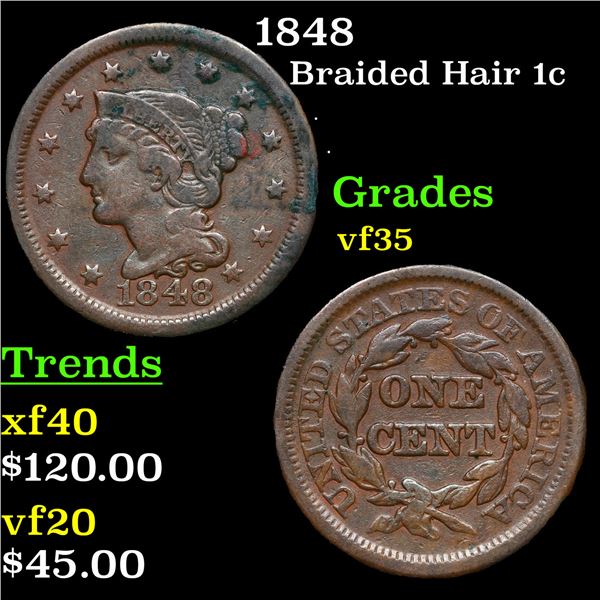 1848 Braided Hair Large Cent 1c Grades vf++