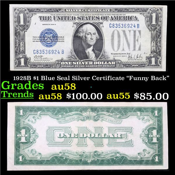 1928B $1 Blue Seal Silver Certificate "Funny Back" Grades Choice AU/BU Slider