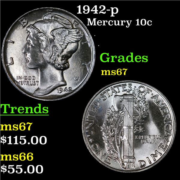 1942-p Mercury Dime 10c Grades GEM++ Unc