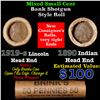 Image 1 : Mixed small cents 1c orig shotgun roll, 1919-s Wheat Cent, 1890 Indian Cent other end, Brinks Wrappe
