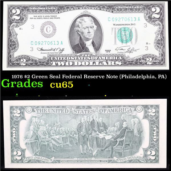 1976 $2 Green Seal Federal Reserve Note (Philadelphia, PA) Grades Gem CU
